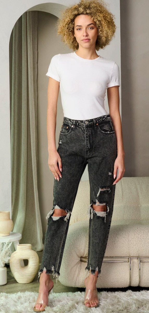 Distressed ripped black high waisted jeans
