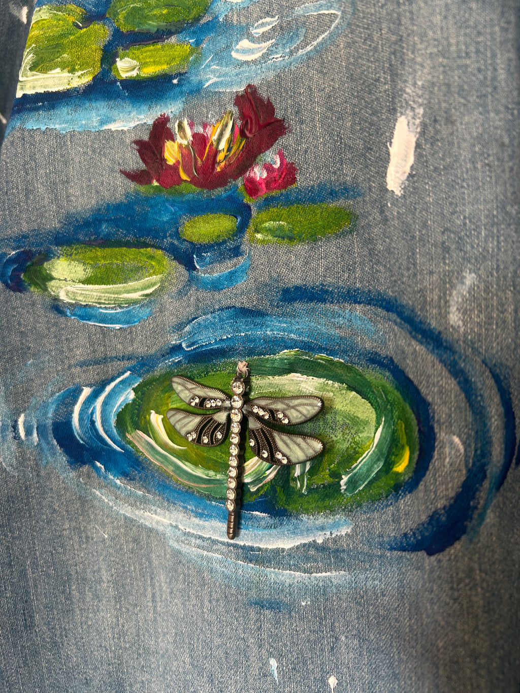 Hand painted Waterlily denim button down