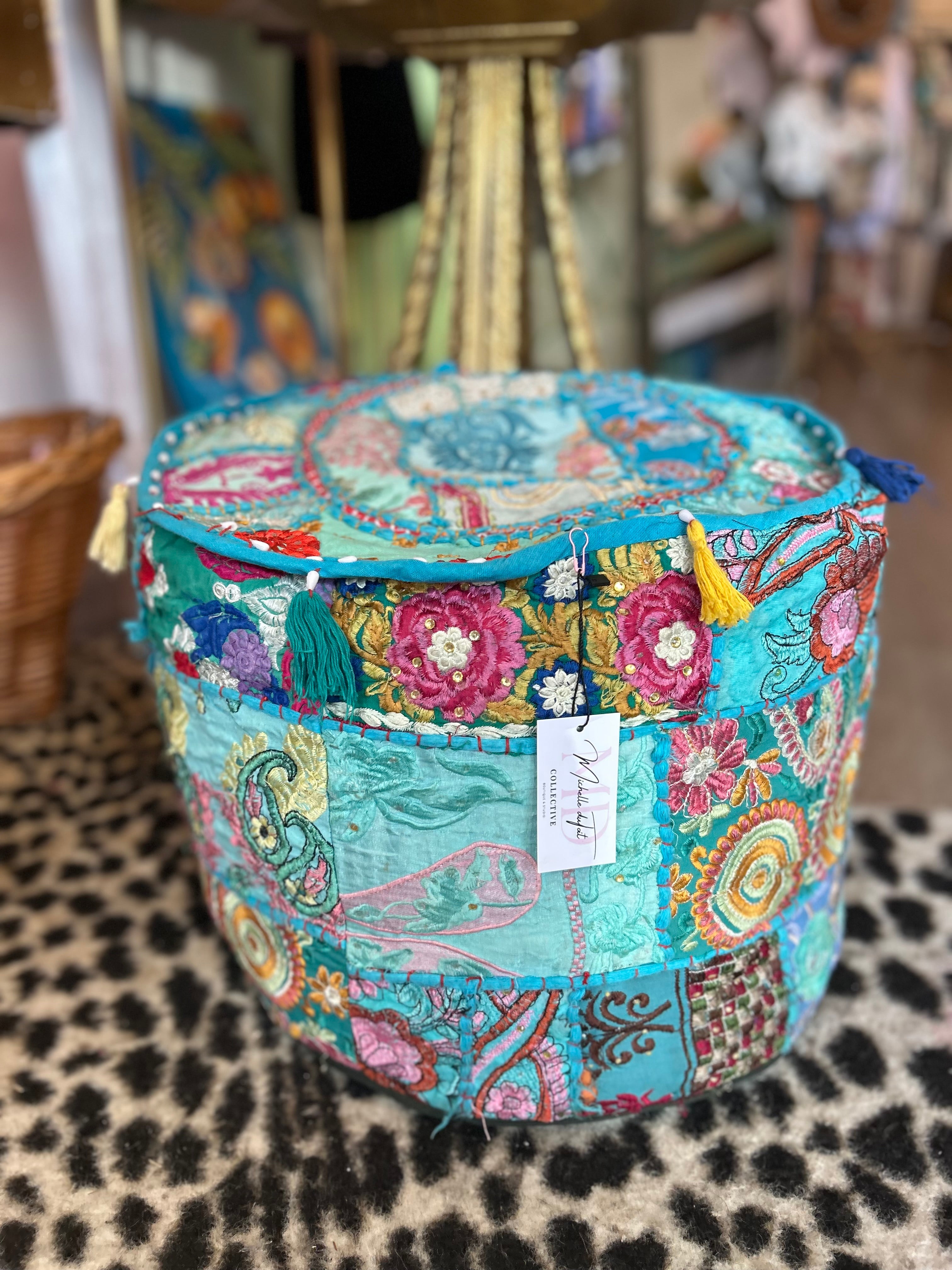 Indian handmade hand embroidered footstool pouf boho