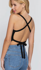 Open cross cami top in black