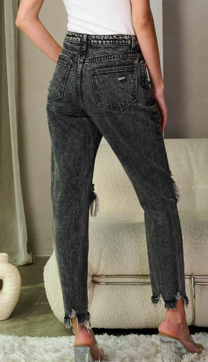 Distressed ripped black high waisted jeans
