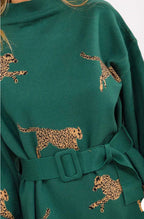 Animal print belted sweater dress