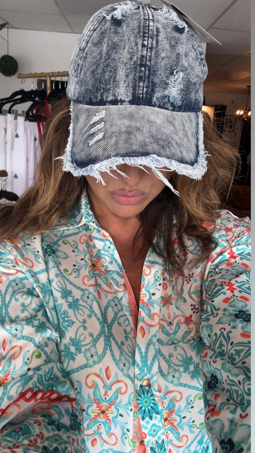 Distressed denim hat