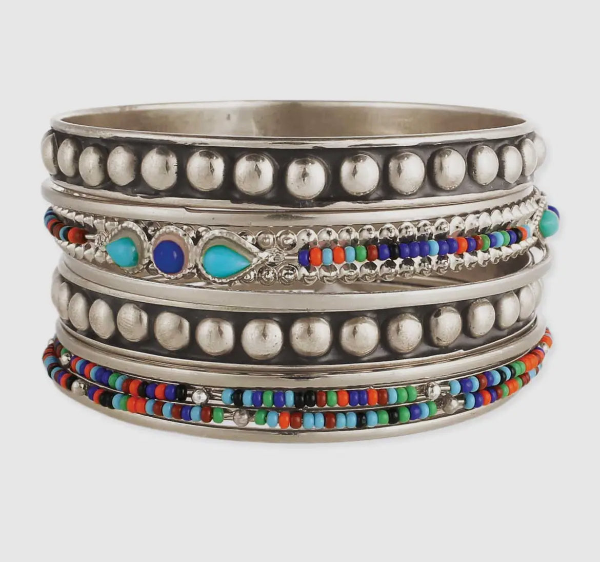 Silver multi bead bangle set