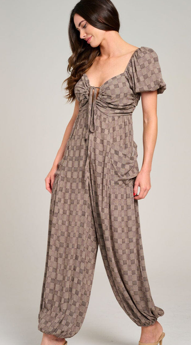 Open back checkered jumpsuit