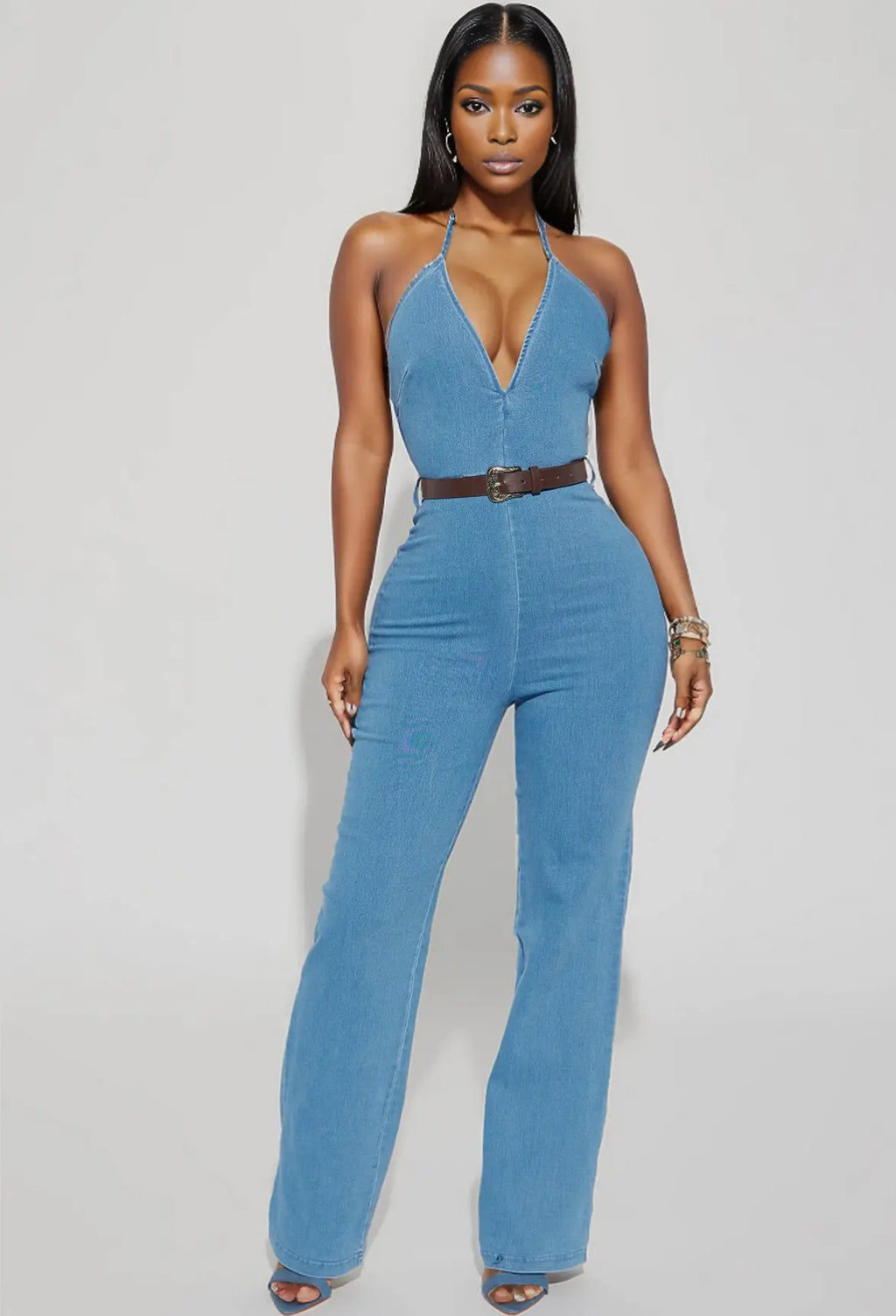 Halter denim jumpsuit with belt