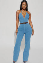 Halter denim jumpsuit with belt