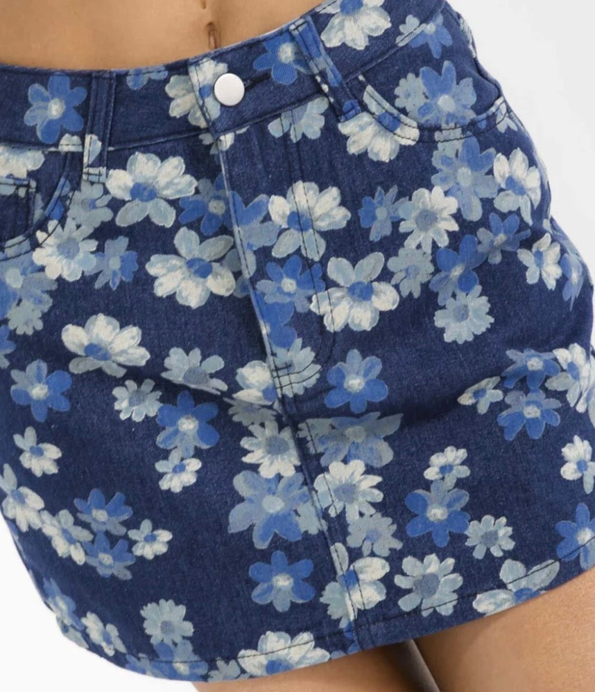 Floral denim mini skort