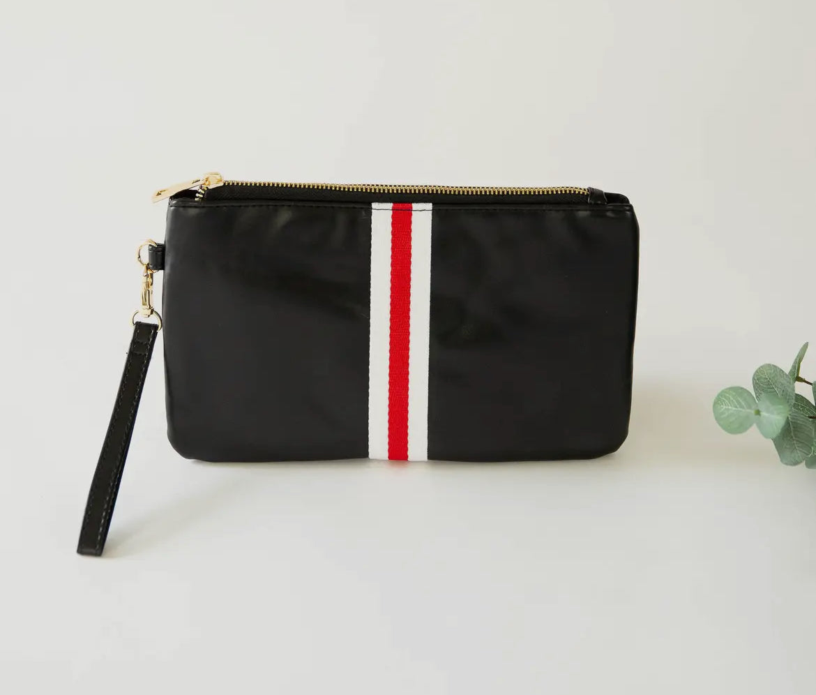Funky Monkey striped, red, white, & black clutch