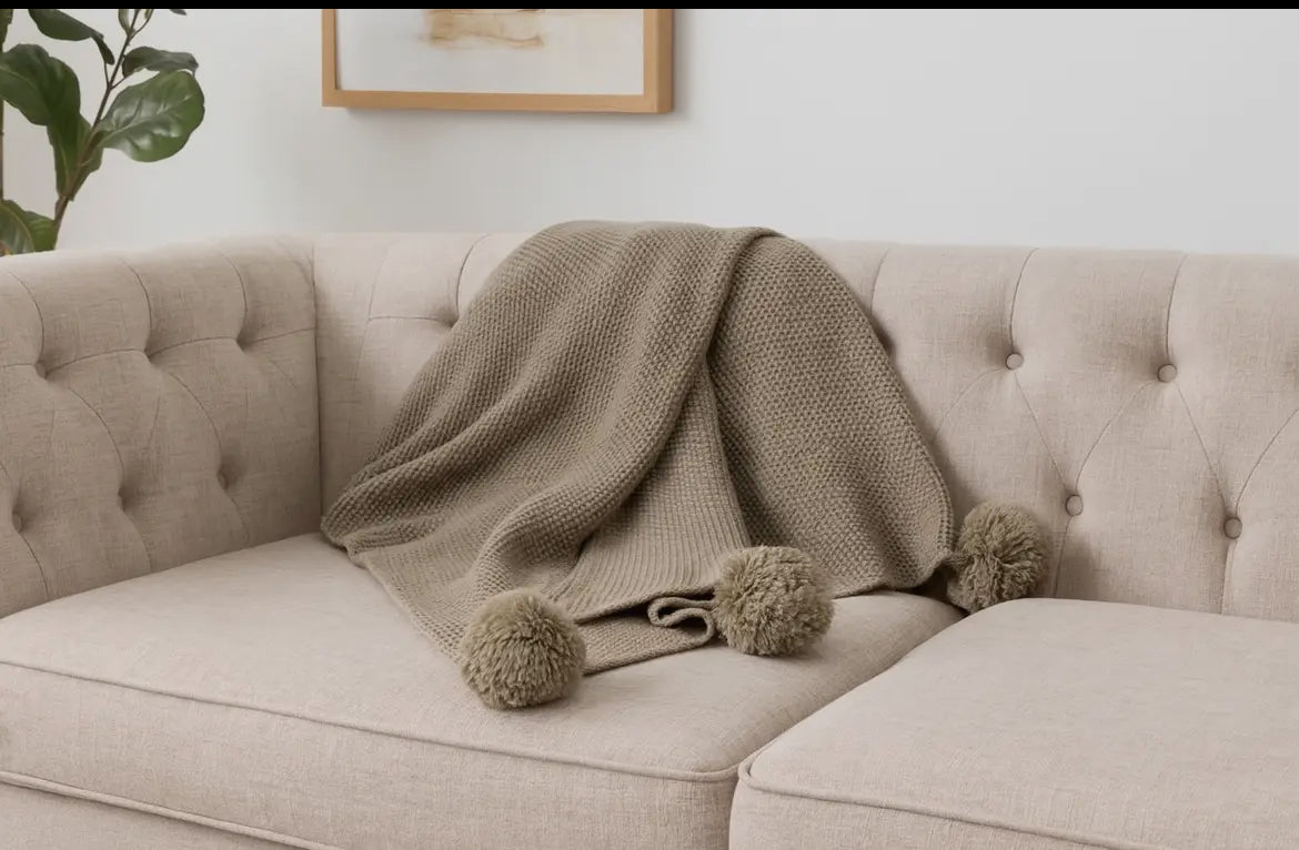 Khaki chunky knit Pom Pom 50 x 60 throw blanket