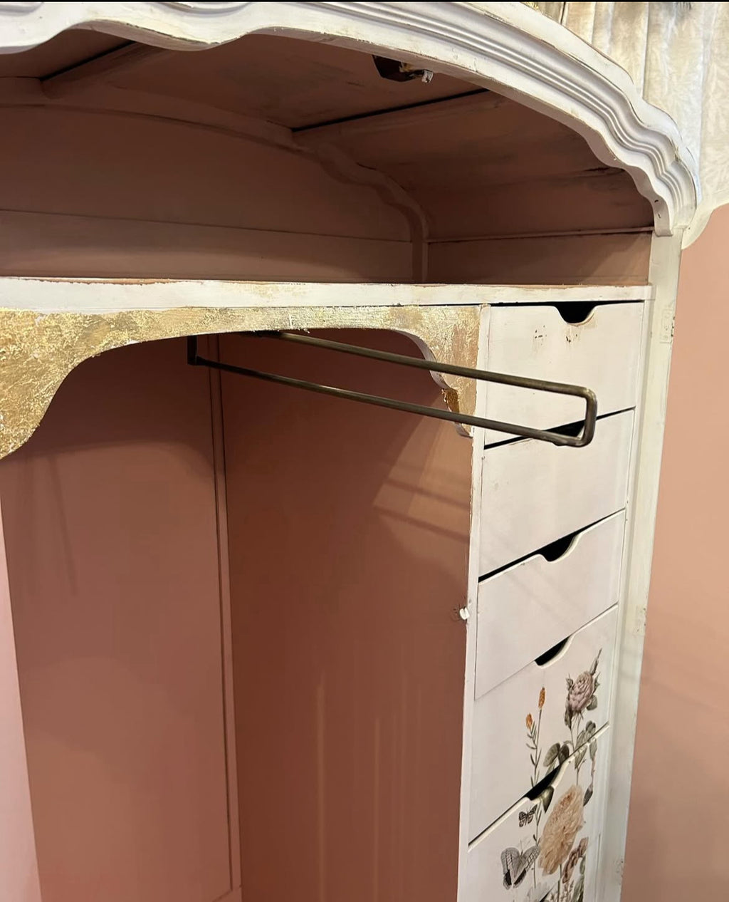 Antique pink dresser with flower decals & goldleaf