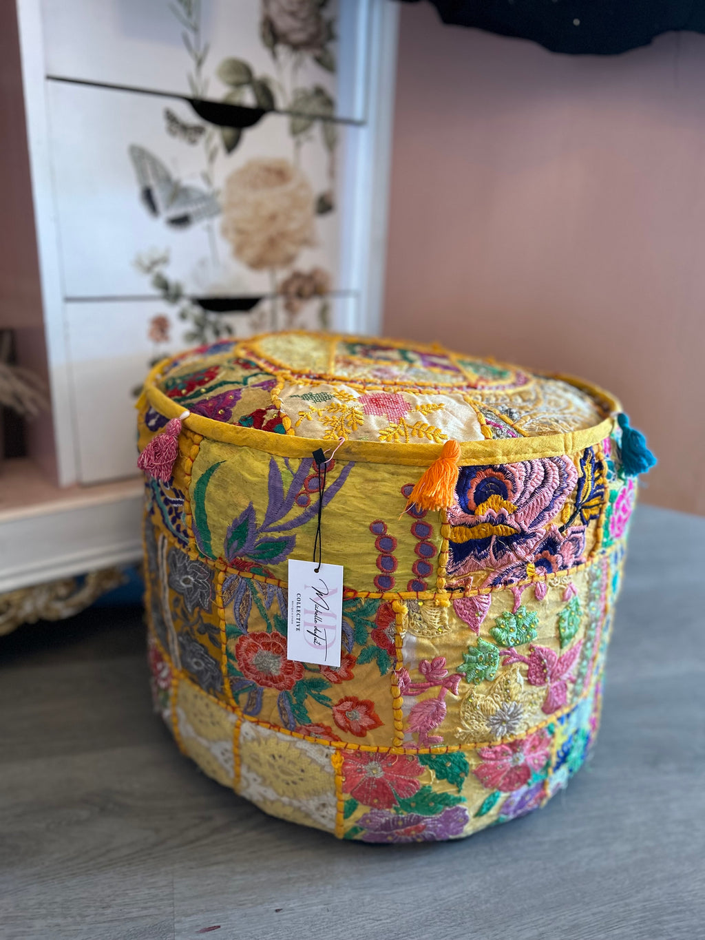Indian handmade hand embroidered footstool pouf boho