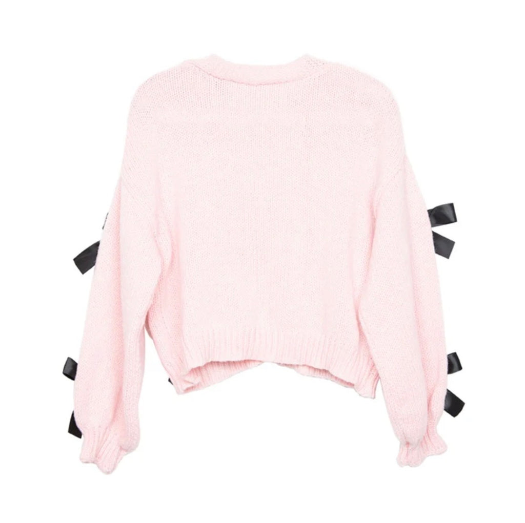 Pink satin bow knit cardigan