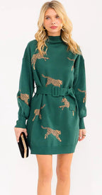 Animal print belted sweater dress