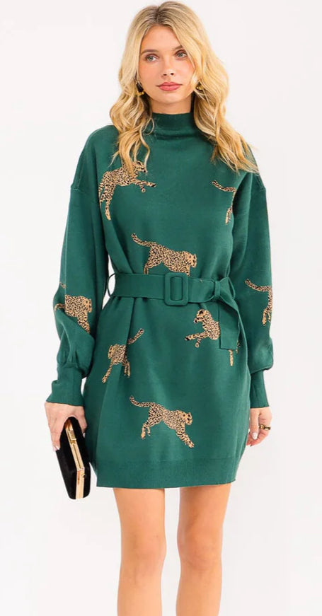 Animal print belted sweater dress