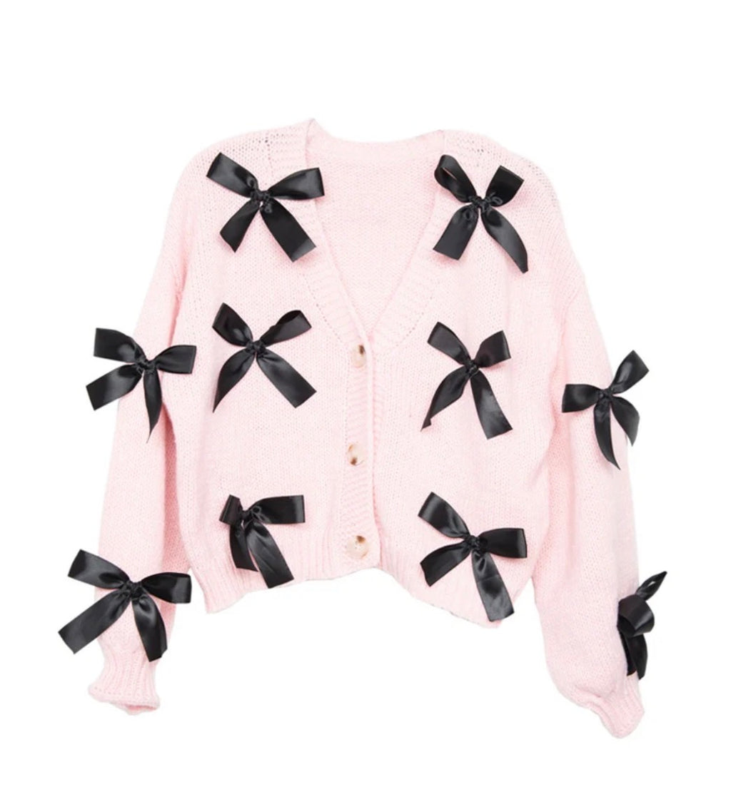 Pink satin bow knit cardigan