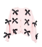 Pink satin bow knit cardigan