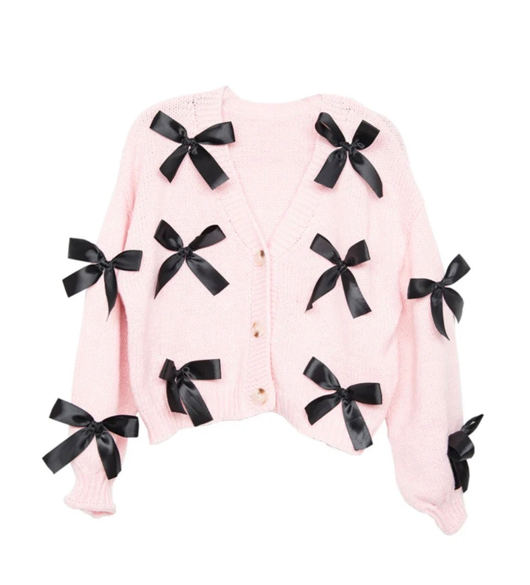 Pink satin bow knit cardigan