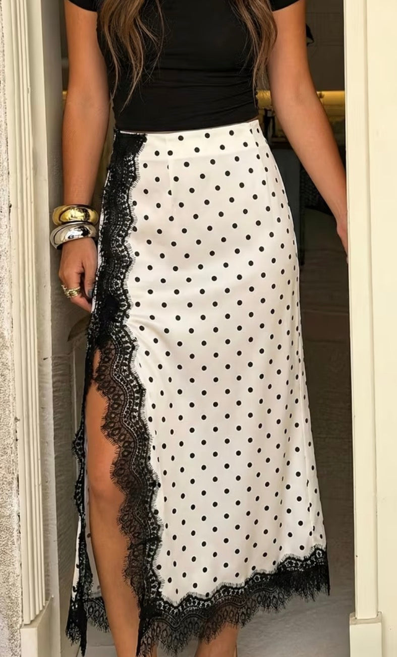 Polkadot lace satin skirt