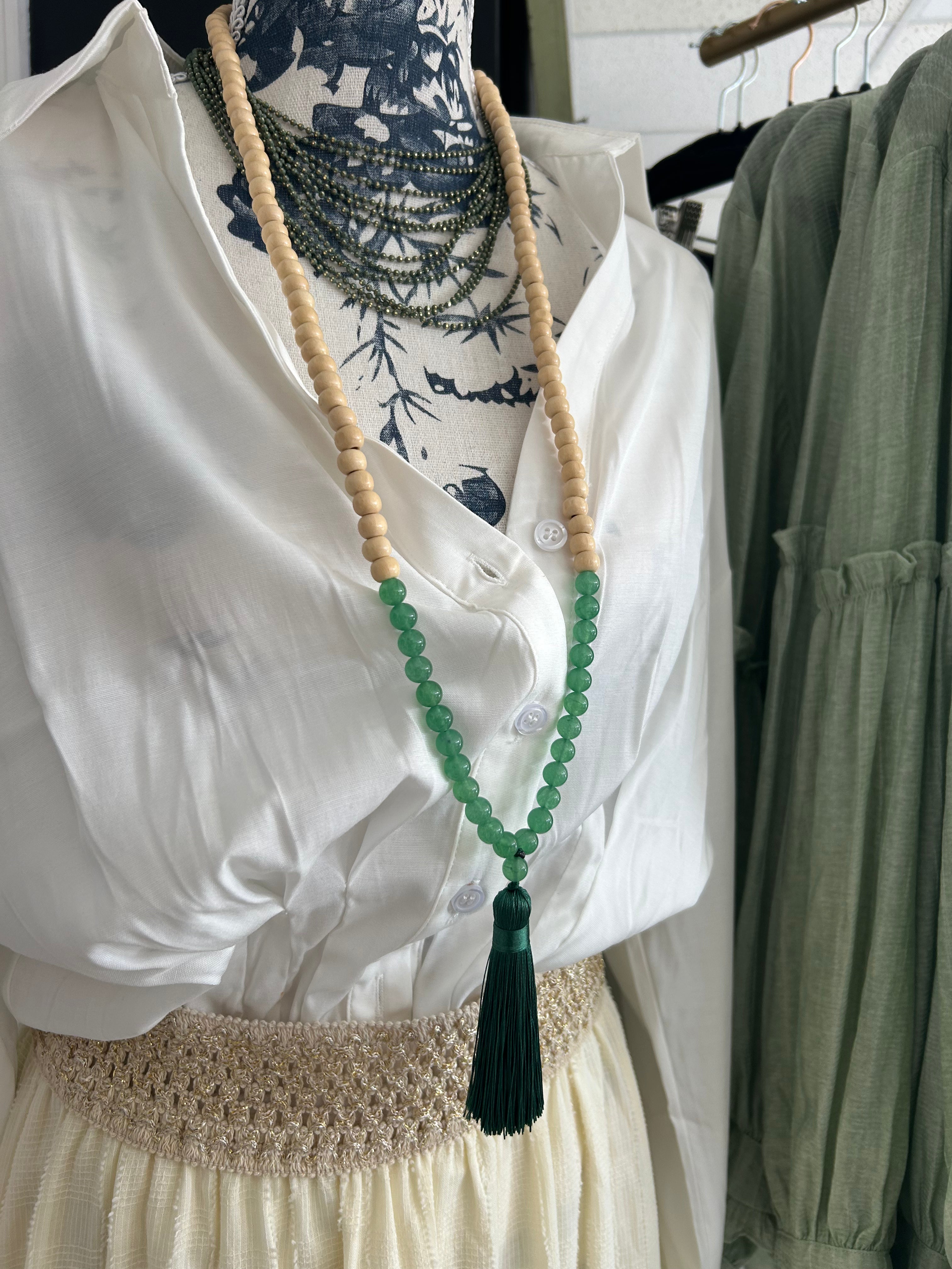 Green boho tassel necklace