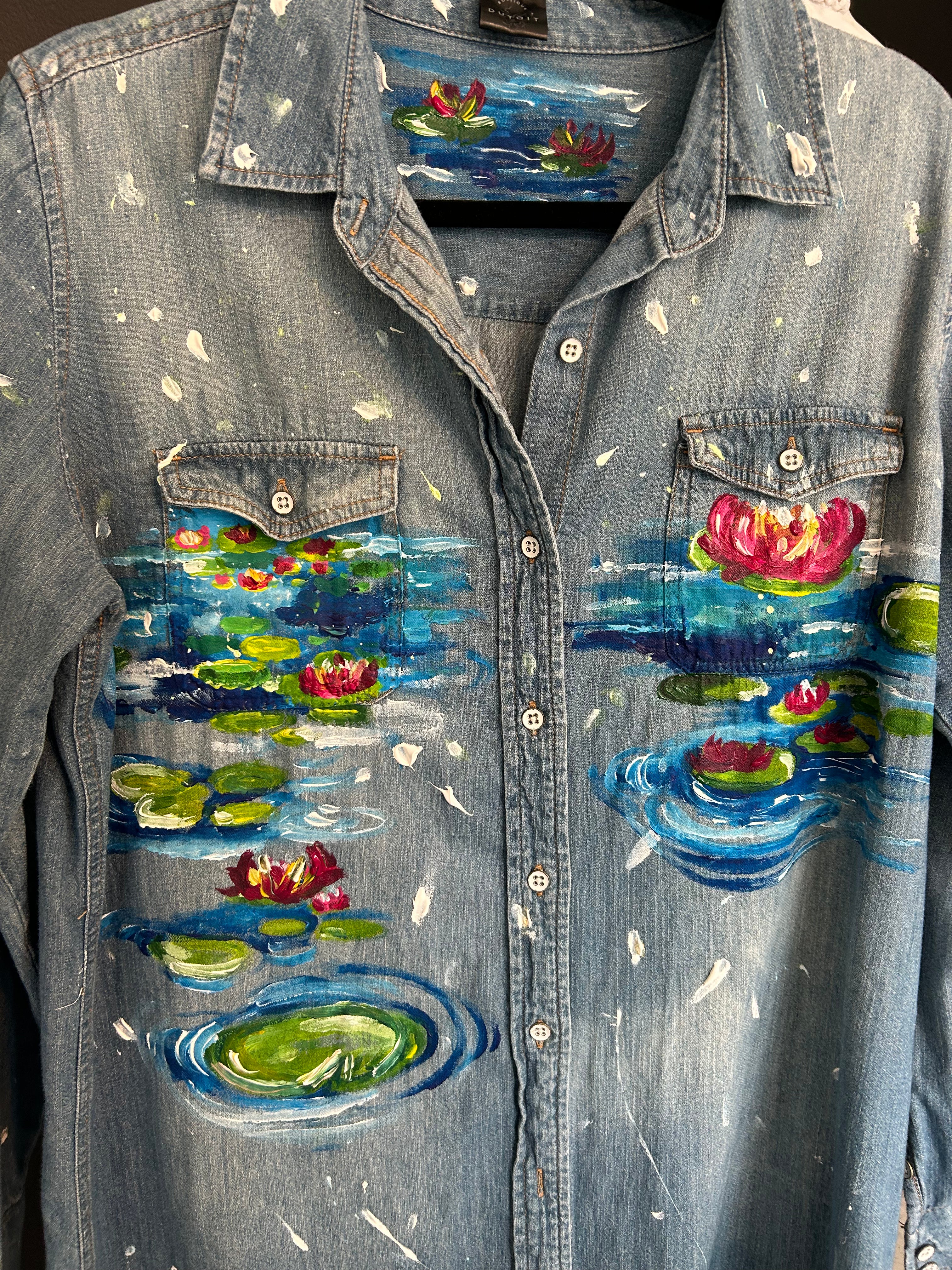 Hand painted Waterlily denim button down