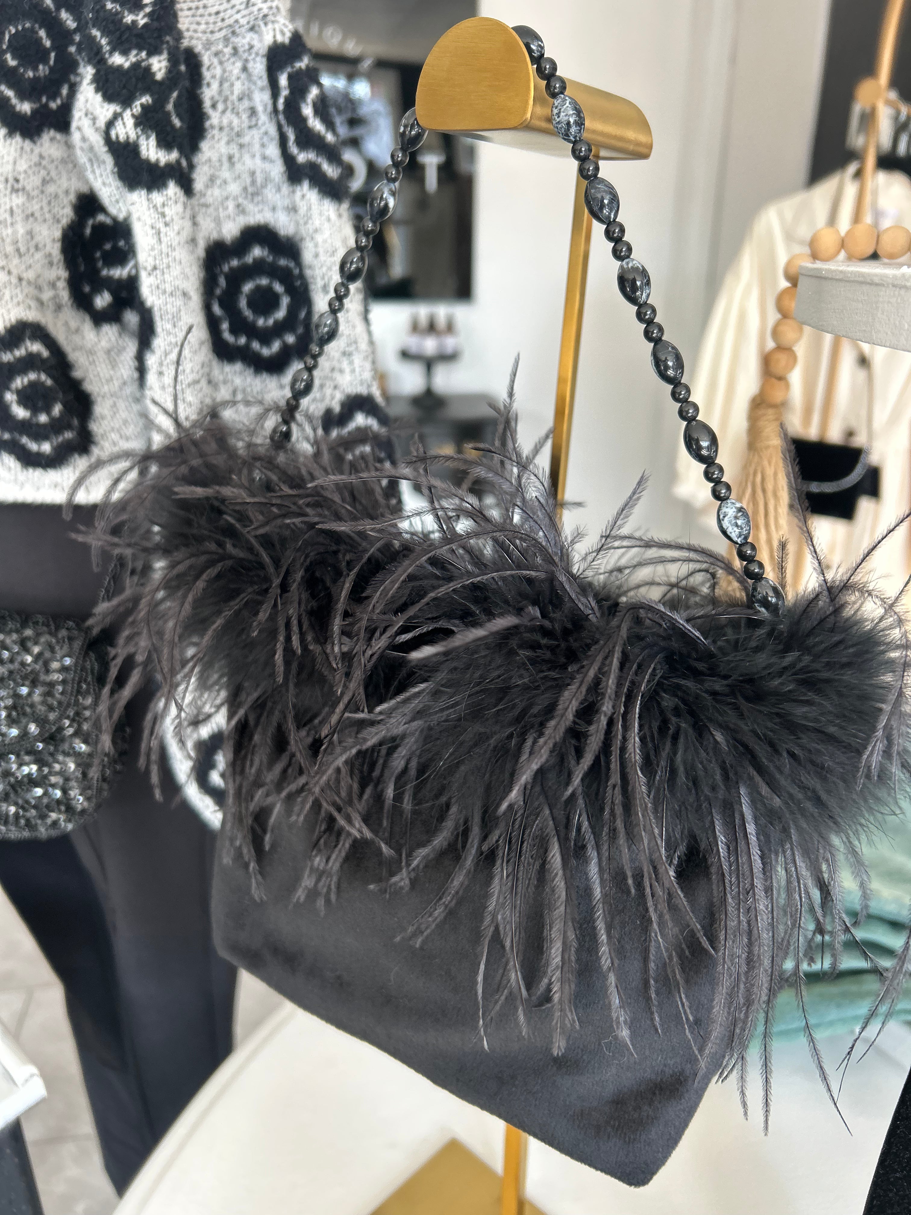 Feathered midnight beaded bag