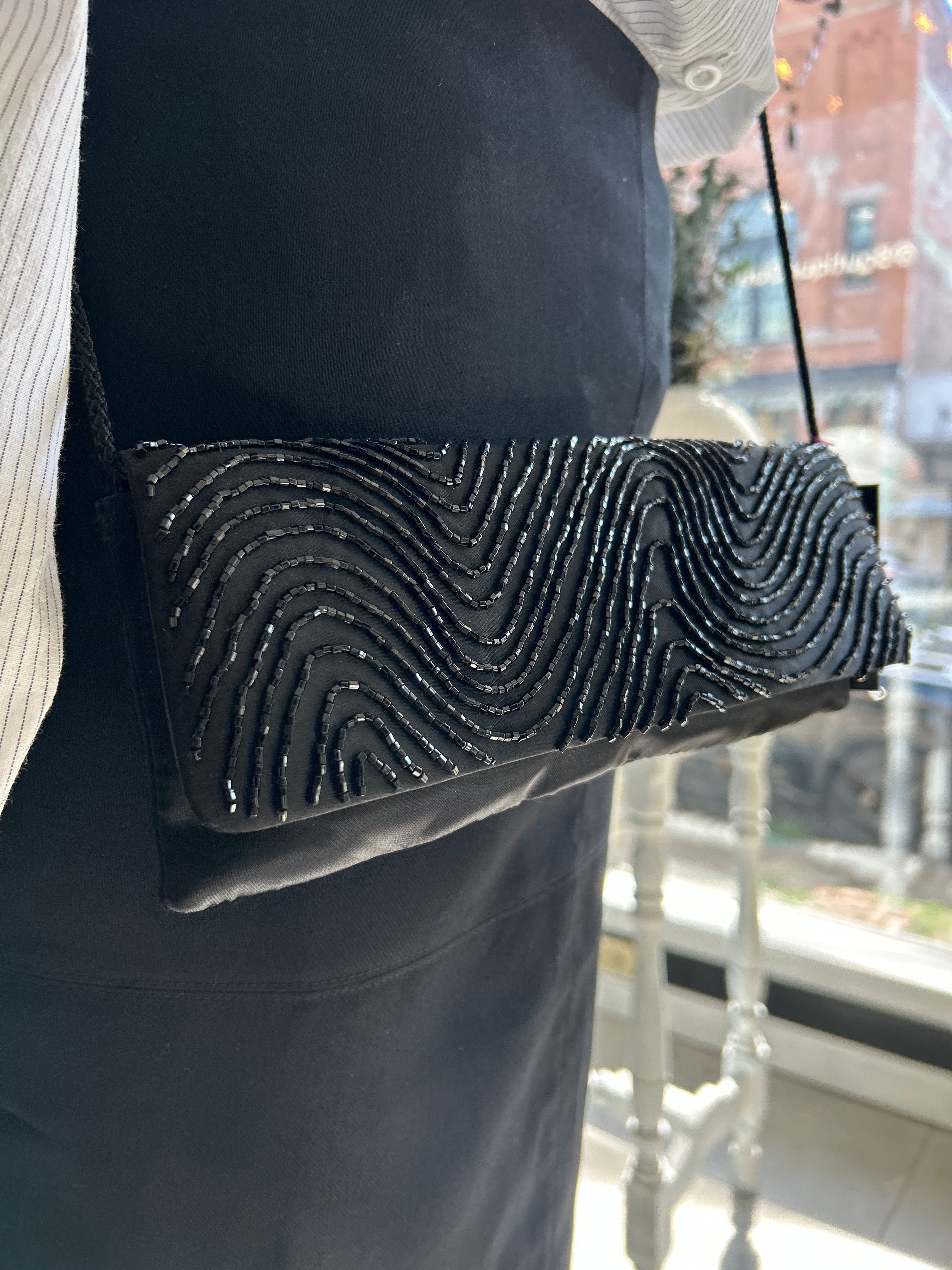 Satin black beaded clutch