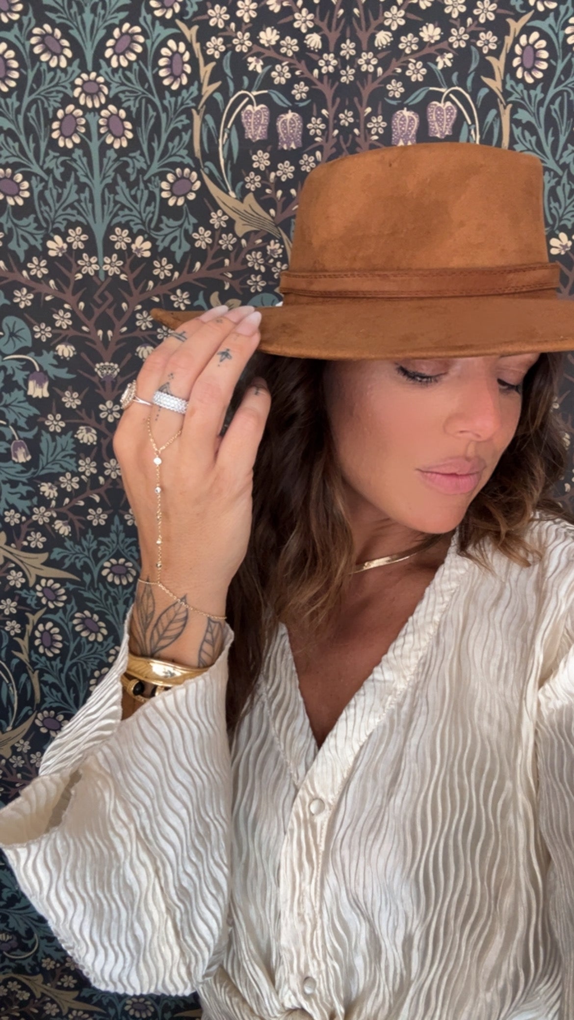 Brown suede wide brim fedora