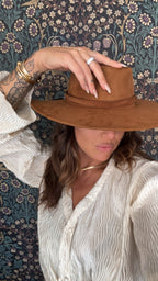 Brown suede wide brim fedora
