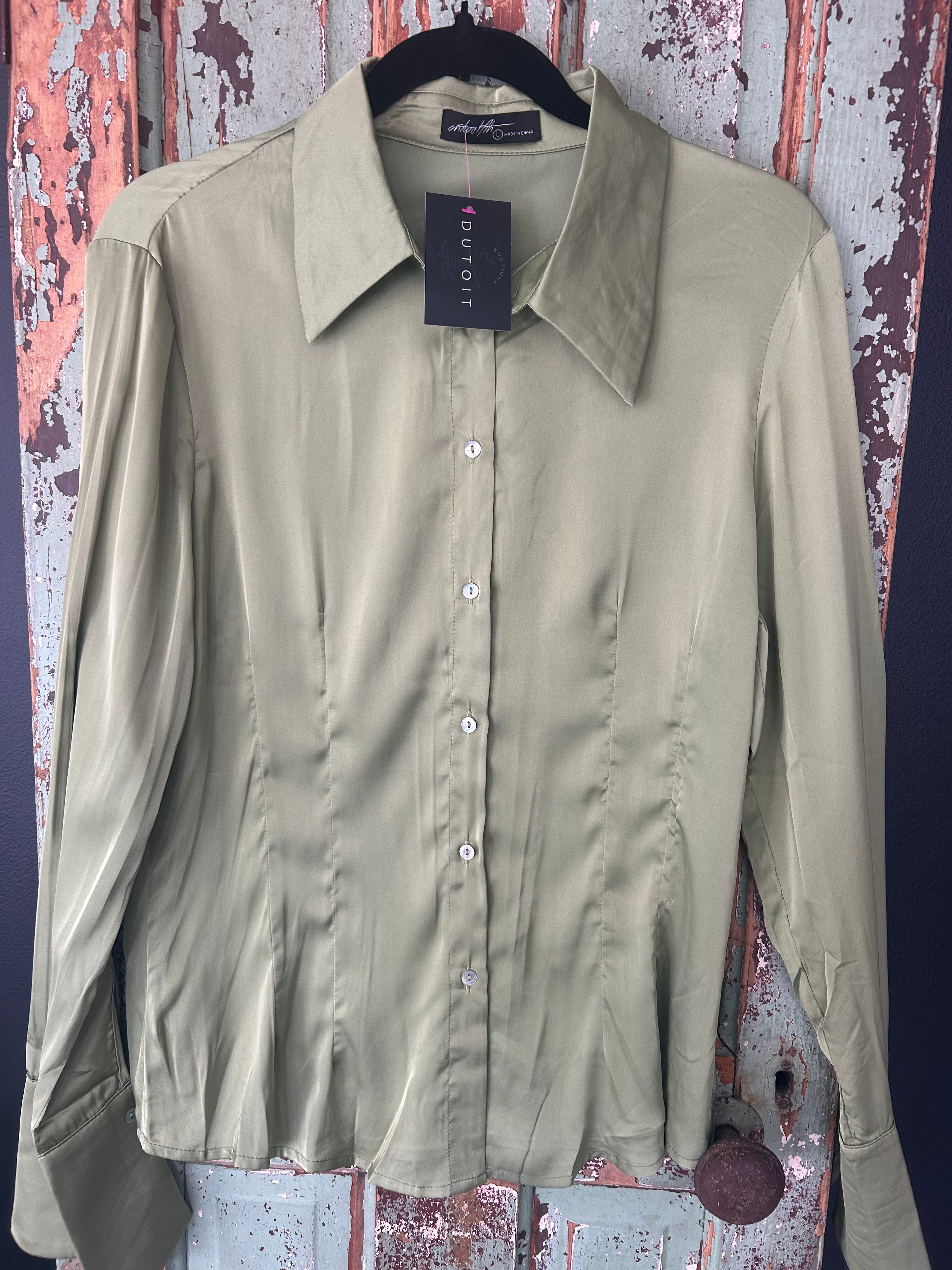Green satin blouse