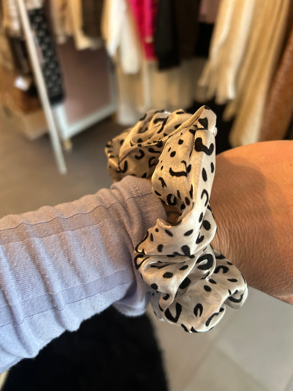 Light grey cheetah scrunchie